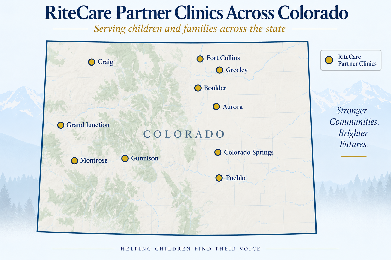 Map showing RiteCare partner locations across Colorado in Aurora, Boulder, Colorado Springs, Fort Collins, Grand Junction, Greeley, Gunnison, Montrose, and Pueblo.